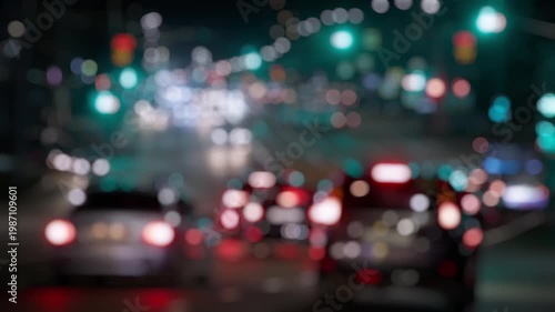 Vehicles pass steadily, lights forming colorful bokeh patterns.