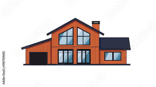 A modern, two-story house illustration with a garage, large windows, and a chimney on a white background