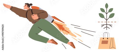 Startup growth, sustainability, eco-friendly practices, environmental progress, retail innovation, productivity. Person flying forward with jetpack, plant graphic shopping bag. Startup growth
