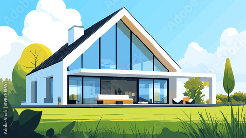 Cartoon-style illustration of a modern house with a pitched roof, large windows, and landscaped yard