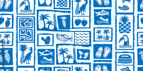 Blue and white tropical pattern featuring birds fish and plant life