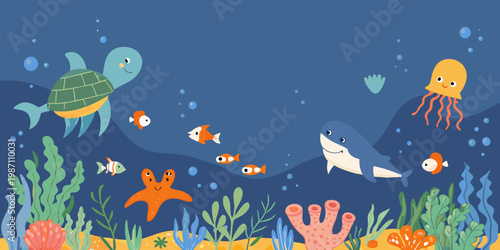 Colorful illustration of marine life including a turtle jellyfish and shark