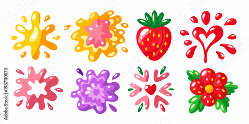 Colorful fruit splashes and stylized berry illustrations on a white background