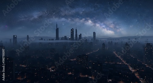 Cityscape under starry night sky