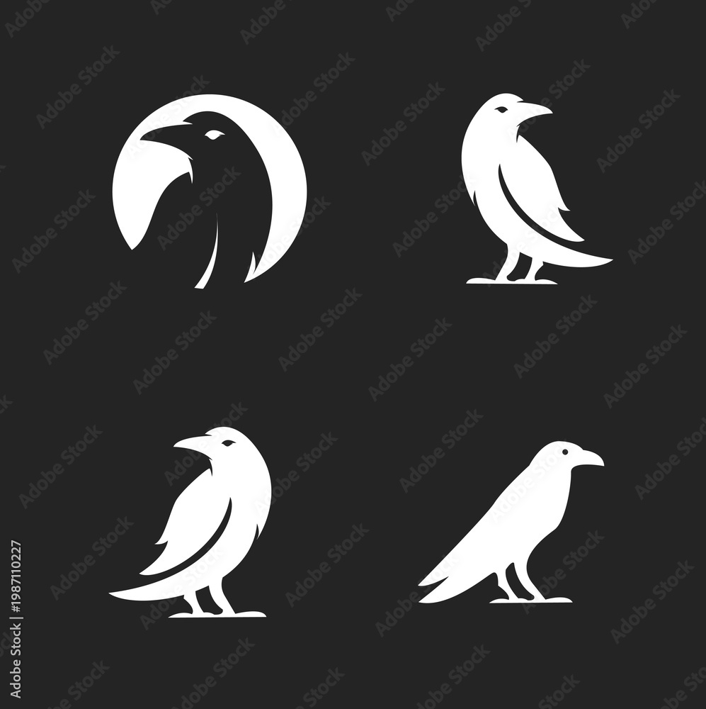 Fototapeta premium Set of Modern Raven Crow Bird Logo Silhouettes Vector Graphic Icons