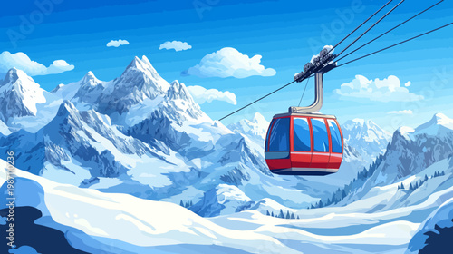 Digitally created illustration of a scenic alpine landscape featuring a red gondola against snow-capped peaks