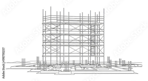 Architectural scaffolding structure drawing on white background construction concept