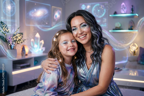 Happy mother and daughter with cosmic glitter makeup and metallic outfits sitting in a futuristic room with holograms and crystals for Mother's Day.
