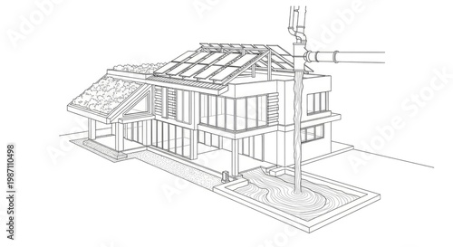 Modern sustainable house illustration with solar panels and water collection