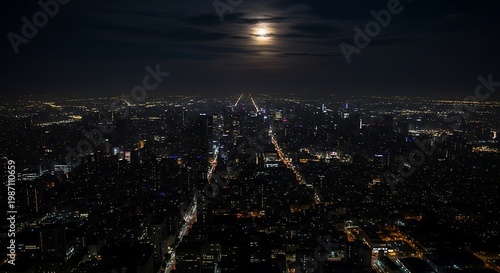 Cityscape illuminated by moonlight at night