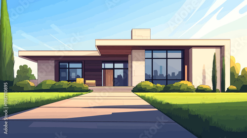 A modern home illustration. It features a flat roof, large windows and a manicured lawn