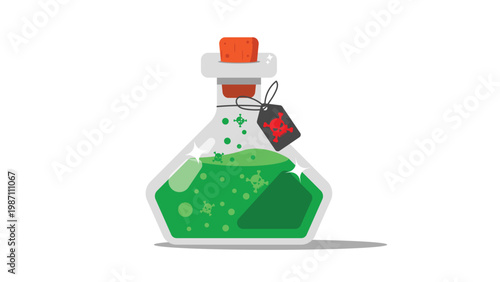 Magic potion bottle with skull. Flat green bottle with magic potion. Alchemical drink in magic jars, flasks, elixir. Vector illustration.Games.Cartoon style.