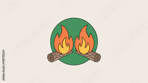 campfire with logs and flames on green circle outdoor fire pit symbol