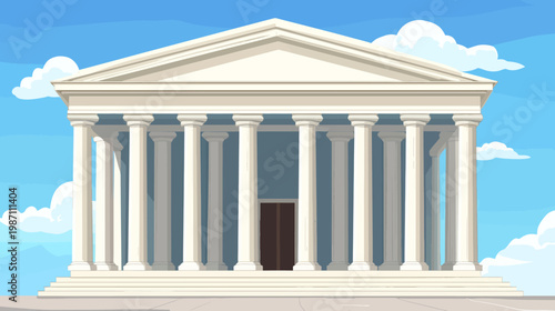 Pixelated illustration of a classical-style building with columns, steps, door, and a blue sky