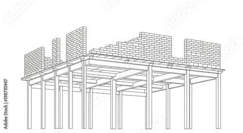 Architectural outline of building structure with brick walls and supporting beams