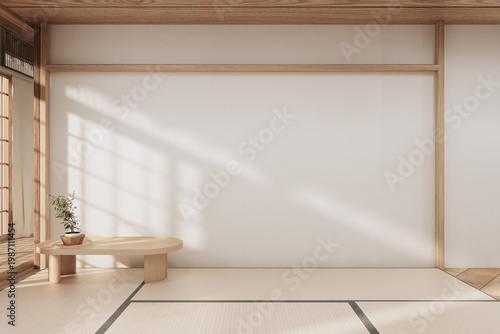 Modern japandi style with floor tatami japanese on white room bright minimal. 3D rendering