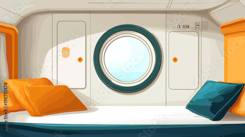 A cartoon cabin interior, featuring a porthole window, orange and teal accents, and pillows