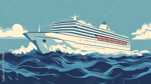 A stylized illustration of a cruise ship sailing on the ocean. The waves are prominent