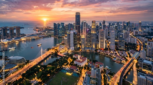 A breathtaking aerial view of a modern city skyline at sunset, with illuminated skyscrapers, a winding river, busy bridges, and glowing streets showcasing vibrant urban life and architecture.