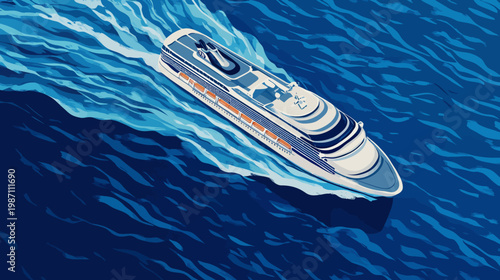A stylized illustration depicting a cruise ship sailing across the ocean waves