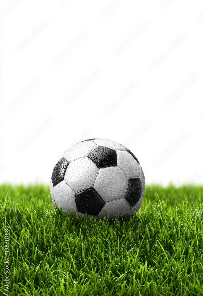Naklejka premium A black and white soccer ball rests on vibrant green grass, symbolizing the upcoming World Cup 2026.