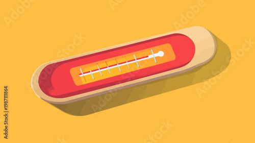 A stylized medical thermometer with red and yellow colors on a yellow background