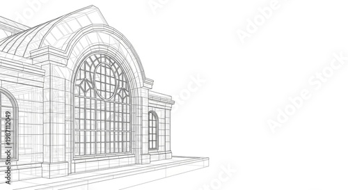 Architectural sketch of a building with arched windows and detailed facade