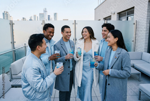 Group of happy LGBTQ diverse friends celebrating Pride Month on a rooftop terrace, wearing stylish light blue outfits and holding blue cocktails reflecting the cool blue trend.