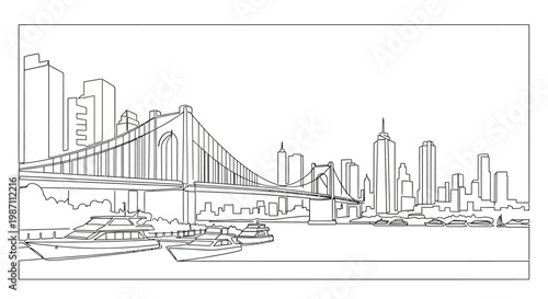 Black and white line art drawing of a suspension bridge over a city river.