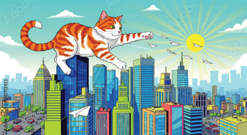 A giant playful tabby cat gracefully leaps above a vibrant metropolis, chasing paper airplanes towards the radiant sun