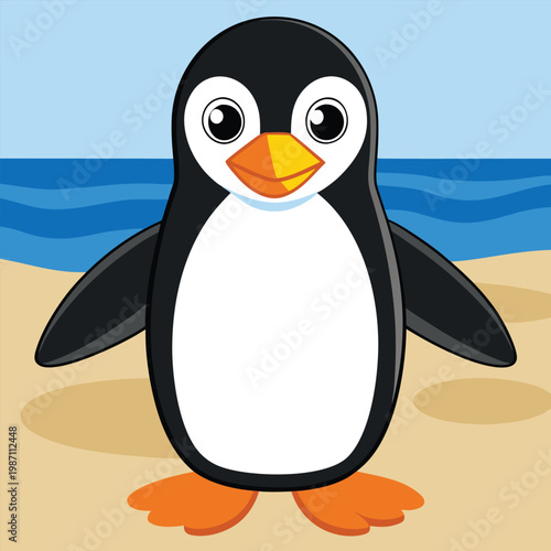 Cute Cartoon Penguin Standing on a Sandy Beach