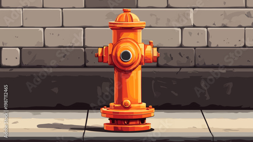 A stylized illustration depicting a vibrant orange fire hydrant standing in front of a brick wall