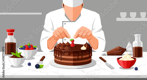 Professional Pastry Chef Decorating Chocolate Cake with Berries and Cream Illustration, Modern Flat Design Vector