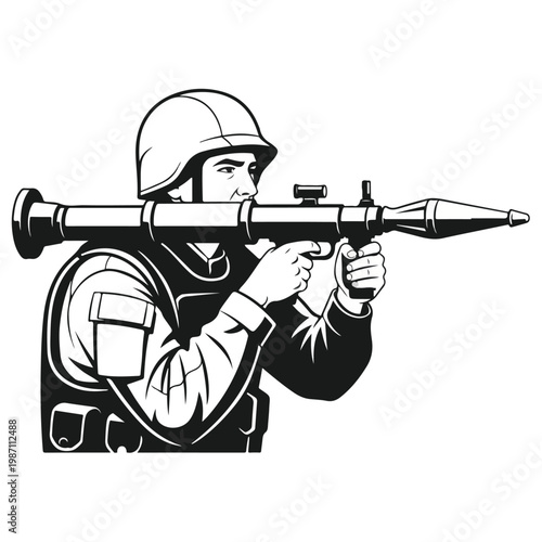 Soldier wearing helmet and body armor holding and aiming rocket launcher