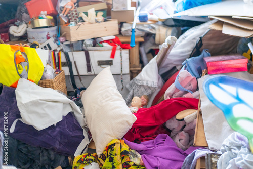 Konstfotografi cluttered room with piles clothes and objects, chaotic interior, hoarding disord