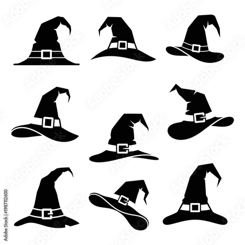 Collection of Black Witch Hats with Buckles on White Background