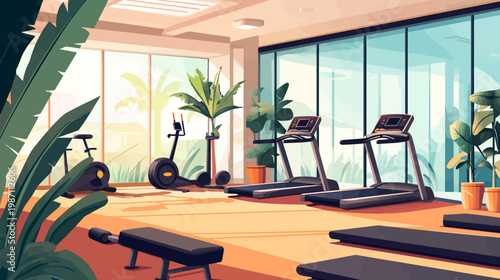 A brightly lit, minimalist gym with exercise equipment and large windows overlooking outdoors