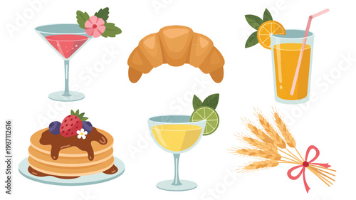 cartoon food and drink items for breakfast  pancakes orange juice martini
