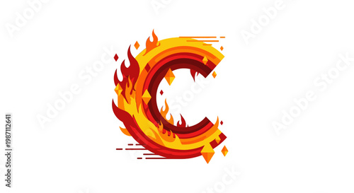 Flaming letter C, fiery alphabet, orange and red design element