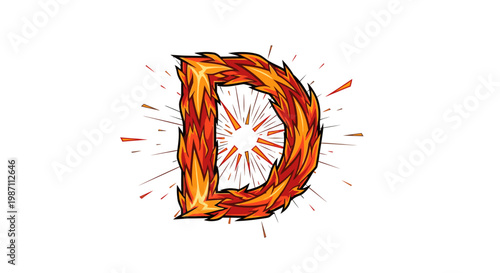 Flaming letter D, fiery alphabet, burning orange font