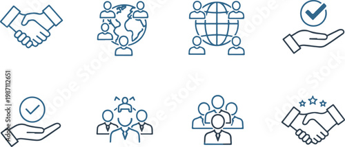 Business icons, global partnership, teamwork, and communication symbols, blue line style