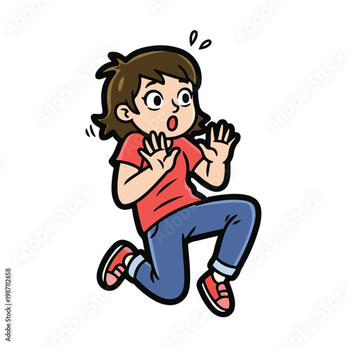 Cartoon girl running away in fear with a shocked expression on her face