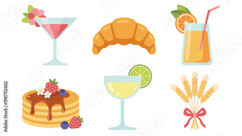 cartoon food and drink items on white background