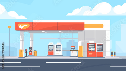 A stylized illustration of a gas station with colorful pumps, a canopy, and clear blue sky