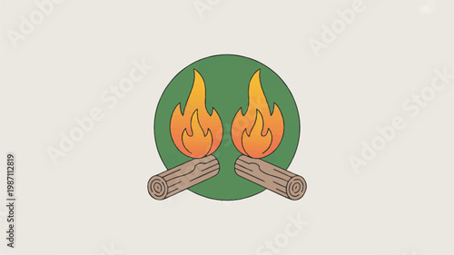 cartoon illustration of campfire with two logs burning on green circle
