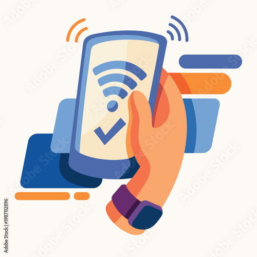 An illustration showing a hand holding a smartphone displaying a connectivity symbol, representing modern technology and our reliance on digital communication and internet access.