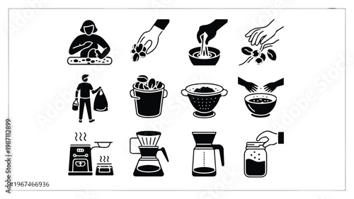 coffee making process and equipment icons set  brewing and serving coffee