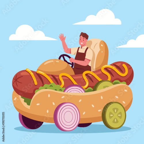 An imaginative illustration shows a person cheerfully driving a quirky hot dog vehicle, blending humor and creativity while celebrating food culture and fun aesthetics.