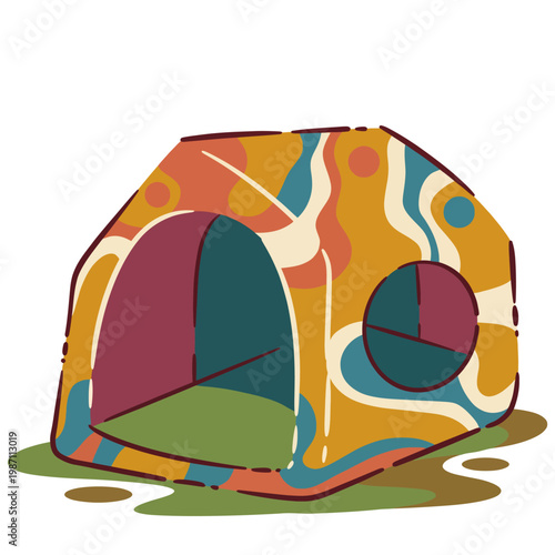 This vibrantly designed pet house features colorful patterns, providing a stylish and cozy shelter for furry friends, adding charm to any pet-friendly space.