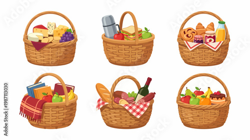 An appealing illustration of various baskets brimming with foods, drinks, and books, suggesting abundance and a delightful picnic scene for gatherings or gifting.